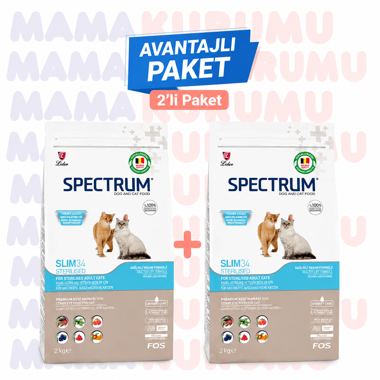Spectrum Slim 34 Kedi Maması 2 kg Somonlu Kısır Kedi Maması (2'li Avantaj Paketi) – Formda, Mutlu ve Sağlıklı Kediler İçin Kesintisiz Beslenme!