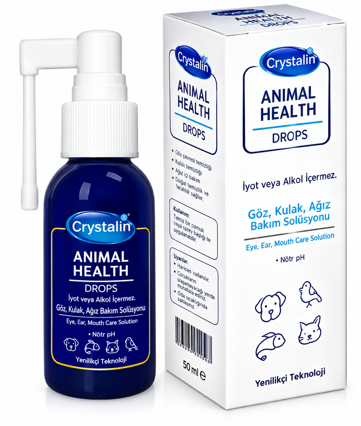 Crystalin Hayvan Sağlığı Antisepitiği (100 ml) – Güvenli Cilt, Pati, Göz ve Kulak Bakım Solüsyonu